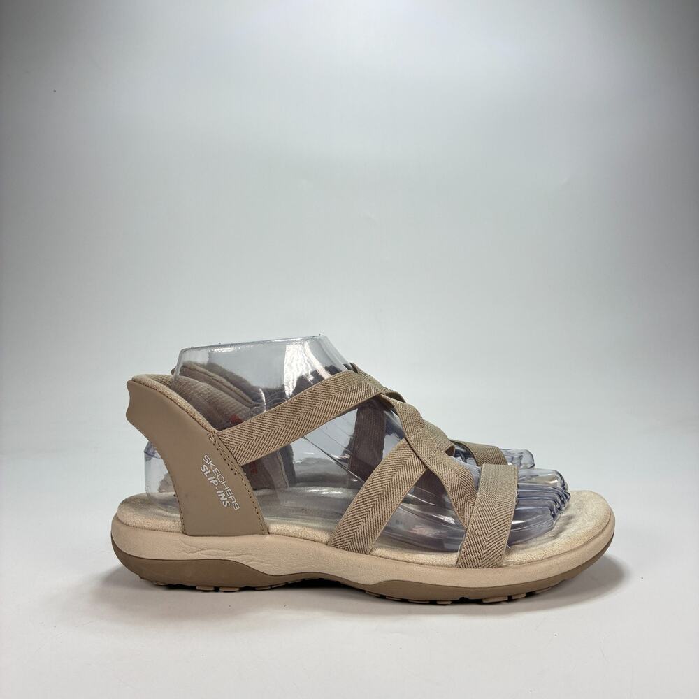 Skechers Reggae Slim Stretch Flex Taupe Crossover Straps Sandals Women's Size 7
